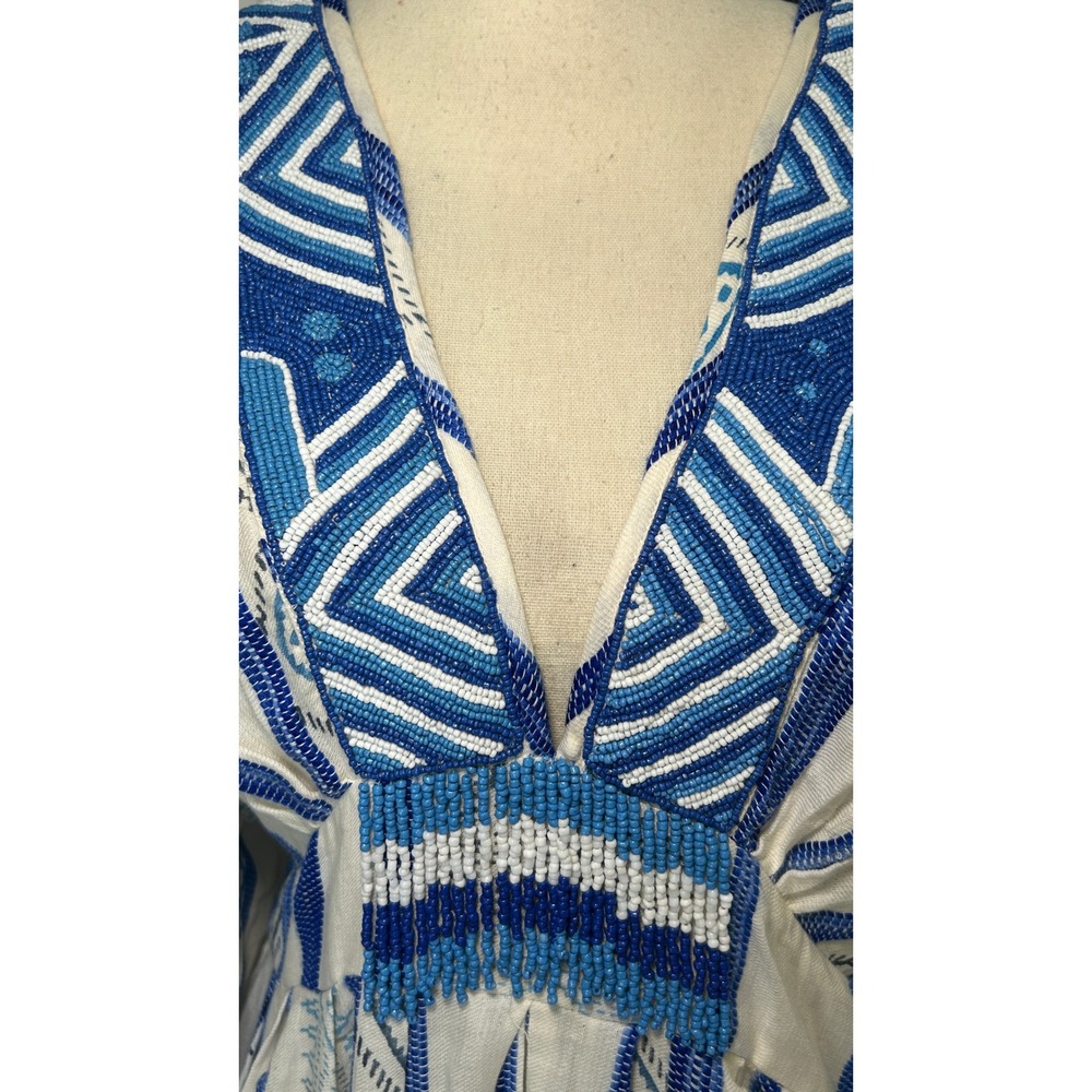 FARM Rio Beaded Maxi Dress Mare de Sol Blue White Boho Embroidered Brazil NWT L - Picture 3 of 14